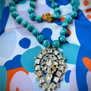 Vintage blue agate choker with art deco rhinestone brooch pendant